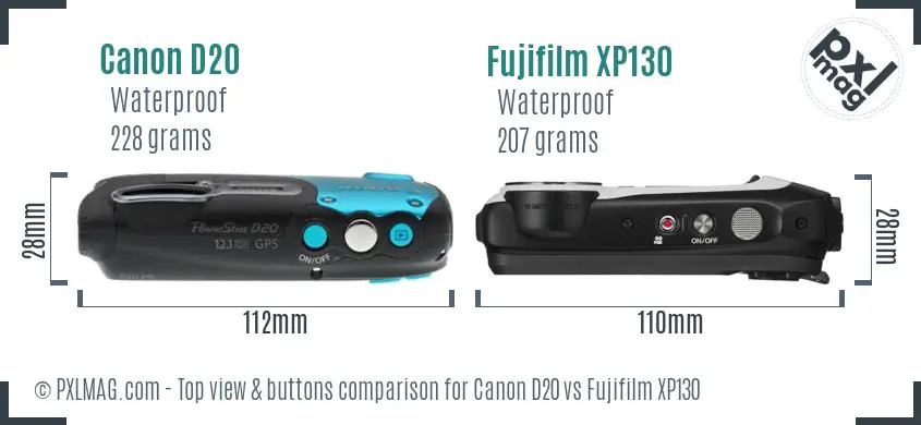 Canon D20 vs Fujifilm XP130 top view buttons comparison