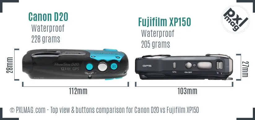 Canon D20 vs Fujifilm XP150 top view buttons comparison Canon D20 vs Fujifilm XP150 top view buttons comparison