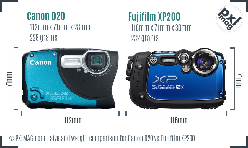 Canon D20 vs Fujifilm XP200 size comparison