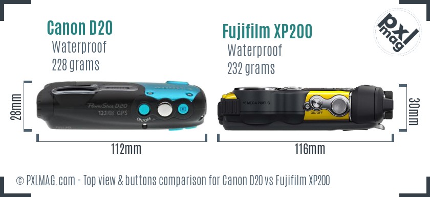 Canon D20 vs Fujifilm XP200 top view buttons comparison
