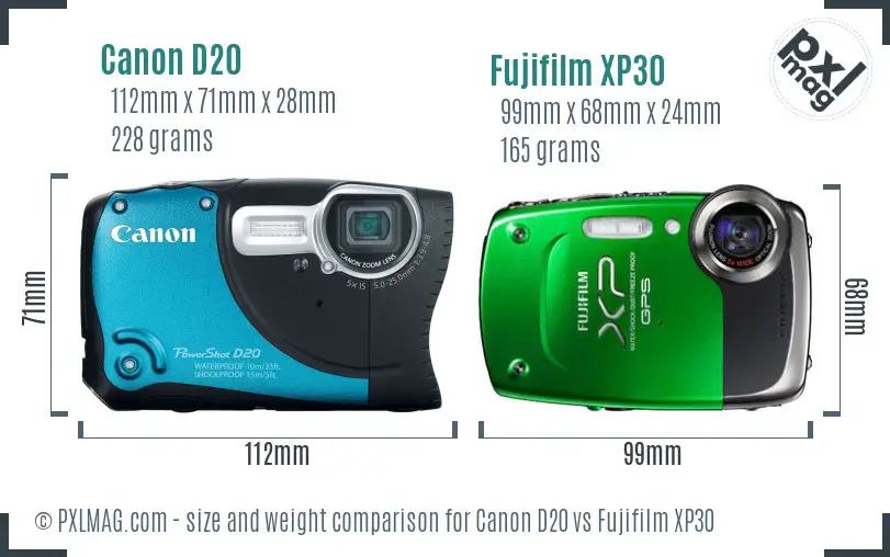 Canon D20 vs Fujifilm XP30 size comparison