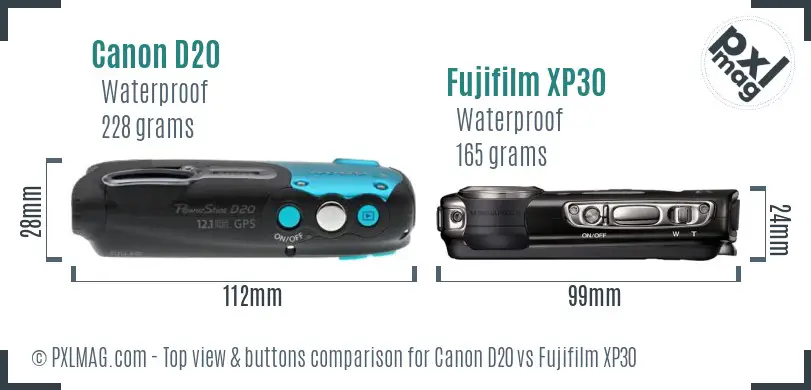 Canon D20 vs Fujifilm XP30 top view buttons comparison