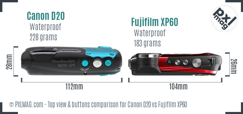 Canon D20 vs Fujifilm XP60 top view buttons comparison
