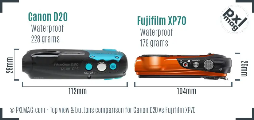 Canon D20 vs Fujifilm XP70 top view buttons comparison Canon D20 vs Fujifilm XP70 top view buttons comparison