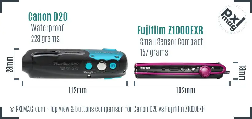 Canon D20 vs Fujifilm Z1000EXR top view buttons comparison Canon D20 vs Fujifilm Z1000EXR top view buttons comparison