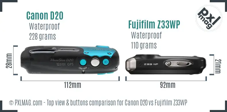 Canon D20 vs Fujifilm Z33WP top view buttons comparison Canon D20 vs Fujifilm Z33WP top view buttons comparison