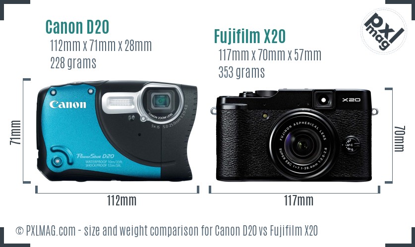 Canon D20 vs Fujifilm X20 size comparison
