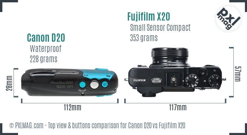 Canon D20 vs Fujifilm X20 top view buttons comparison