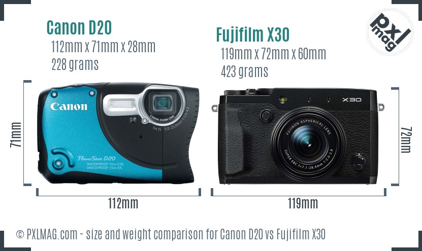 Canon D20 vs Fujifilm X30 size comparison Canon D20 vs Fujifilm X30 size comparison