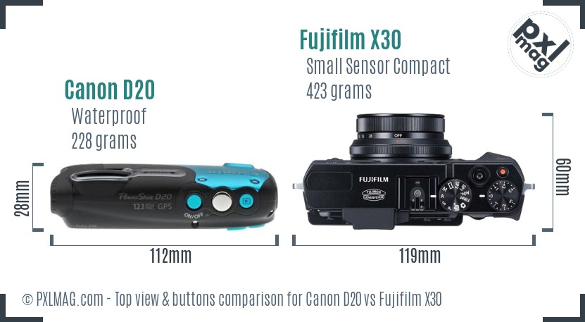 Canon D20 vs Fujifilm X30 top view buttons comparison