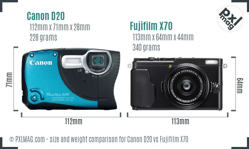 Canon D20 vs Fujifilm X70 size comparison