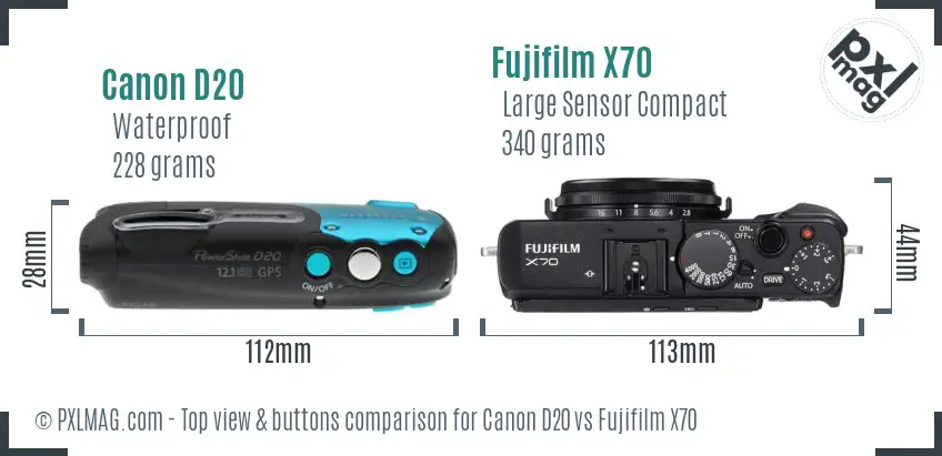 Canon D20 vs Fujifilm X70 top view buttons comparison