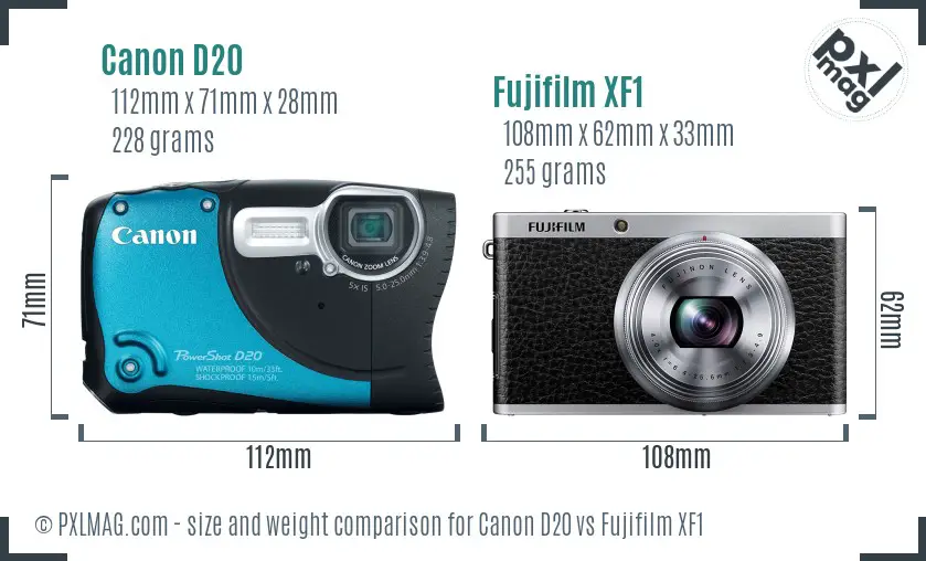 Canon D20 vs Fujifilm XF1 size comparison