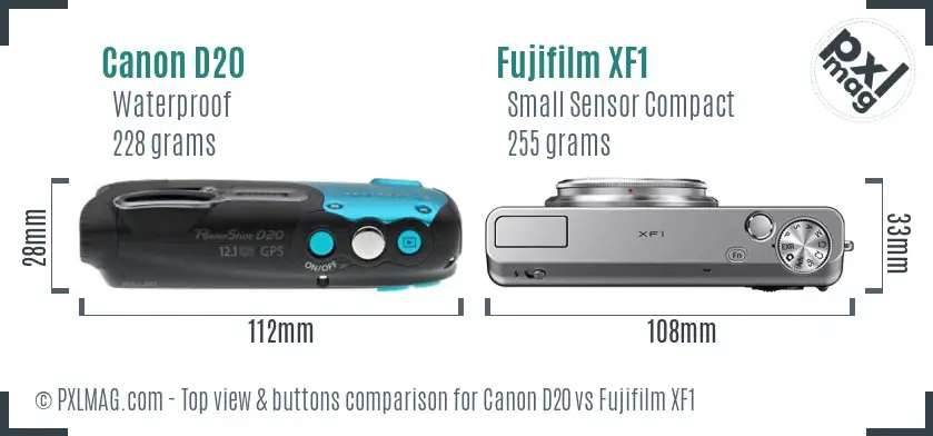 Canon D20 vs Fujifilm XF1 top view buttons comparison
