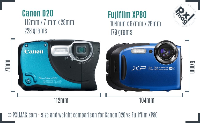 Canon D20 vs Fujifilm XP80 size comparison