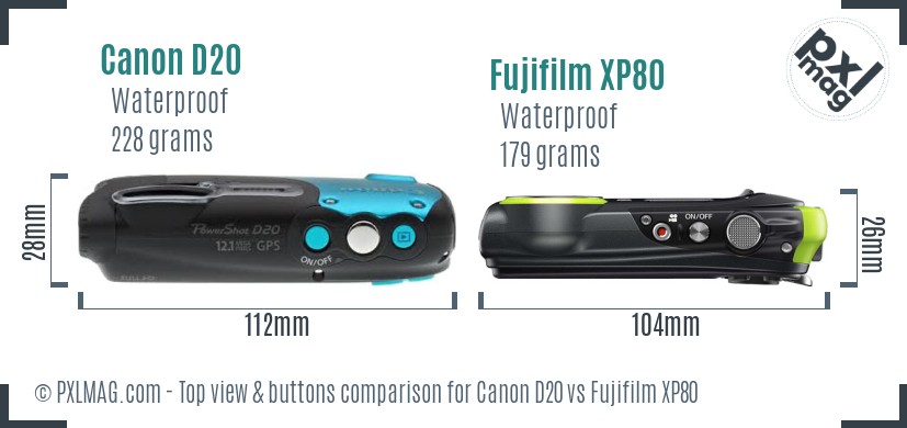 Canon D20 vs Fujifilm XP80 top view buttons comparison