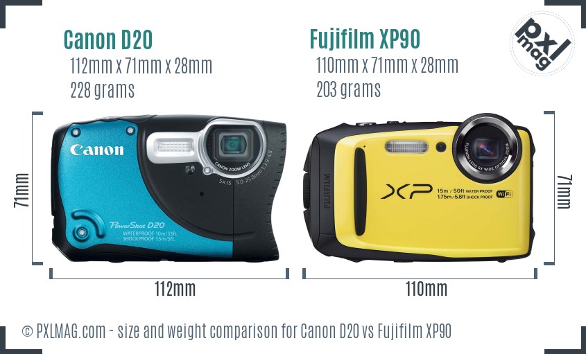 Canon D20 vs Fujifilm XP90 size comparison Canon D20 vs Fujifilm XP90 size comparison