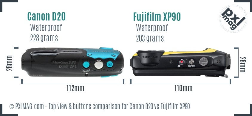 Canon D20 vs Fujifilm XP90 top view buttons comparison