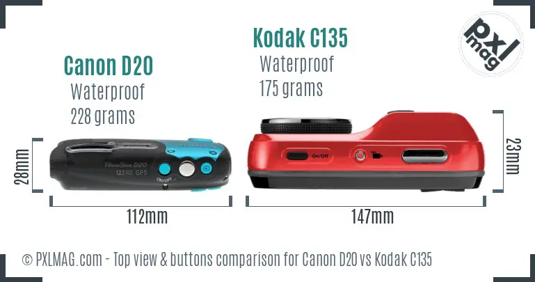Canon D20 vs Kodak C135 top view buttons comparison