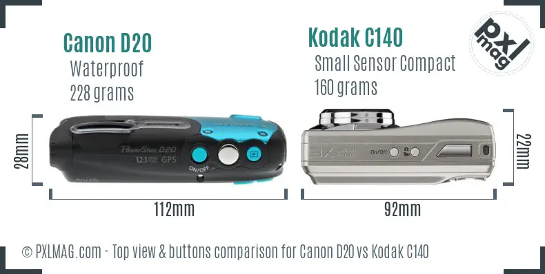 Canon D20 vs Kodak C140 top view buttons comparison