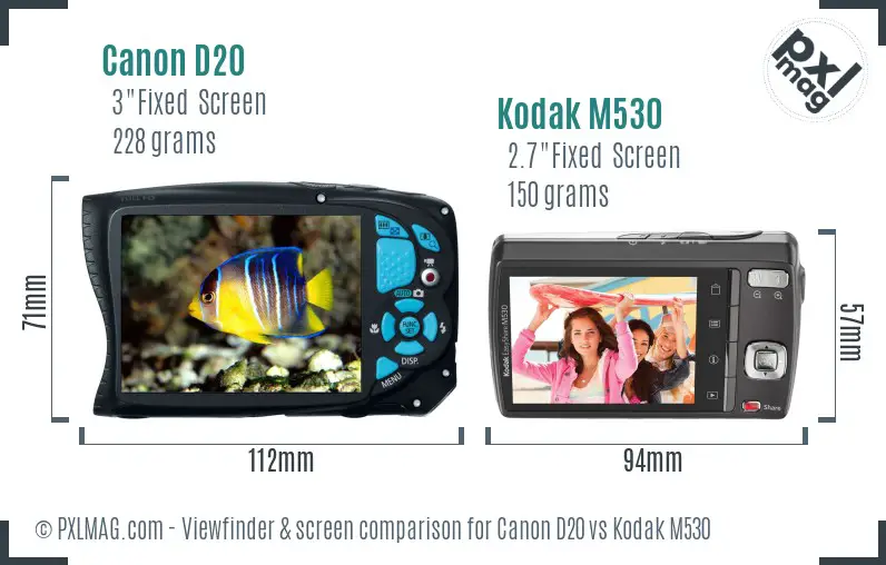 Canon D20 vs Kodak M530 Screen and Viewfinder comparison