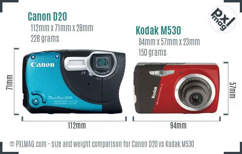 Canon D20 vs Kodak M530 size comparison