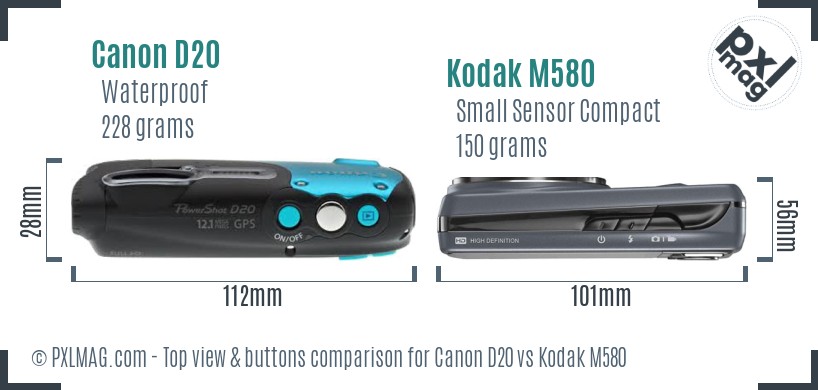 Canon D20 vs Kodak M580 top view buttons comparison