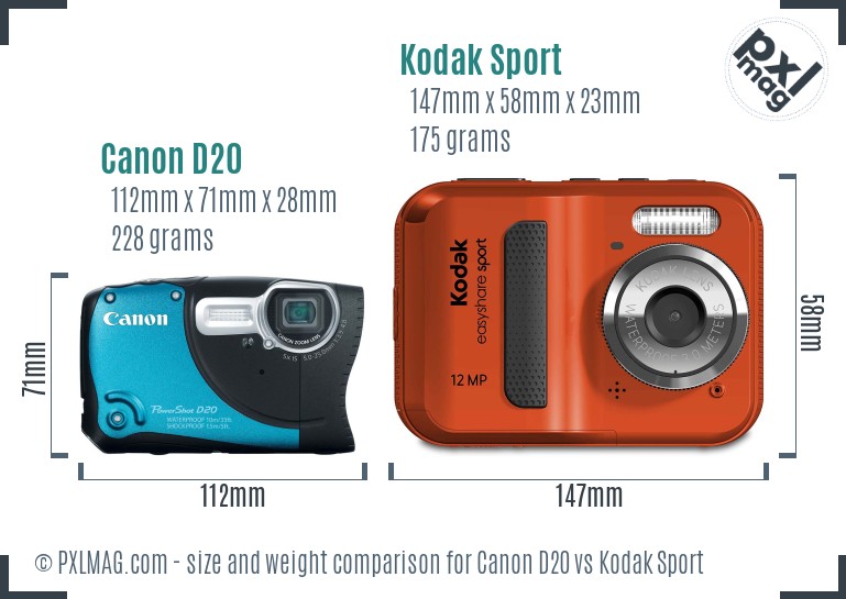 Canon D20 vs Kodak Sport size comparison Canon D20 vs Kodak Sport size comparison