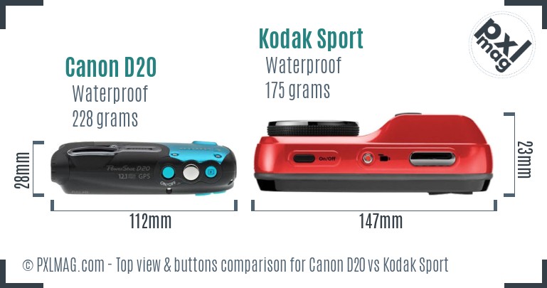 Canon D20 vs Kodak Sport top view buttons comparison