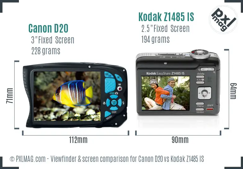 Canon D20 vs Kodak Z1485 IS Screen and Viewfinder comparison
