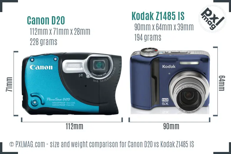 Canon D20 vs Kodak Z1485 IS size comparison