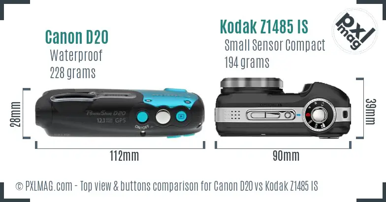 Canon D20 vs Kodak Z1485 IS top view buttons comparison