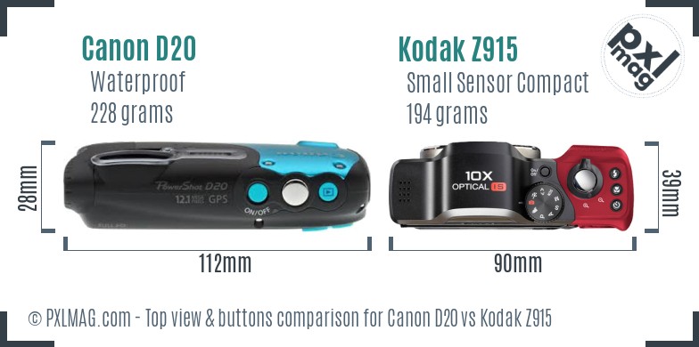 Canon D20 vs Kodak Z915 top view buttons comparison