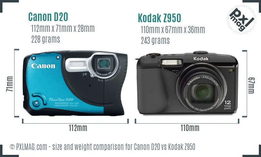 Canon D20 vs Kodak Z950 size comparison