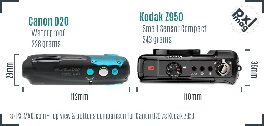 Canon D20 vs Kodak Z950 top view buttons comparison