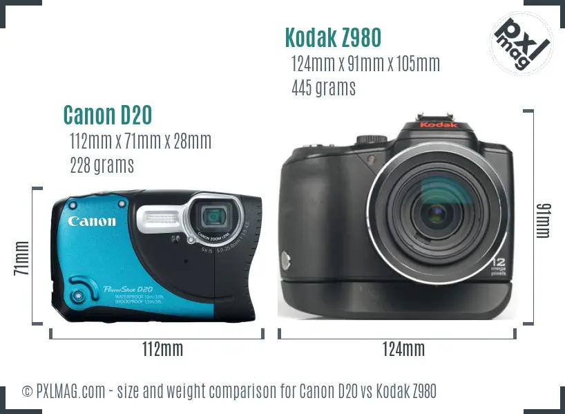Canon D20 vs Kodak Z980 size comparison