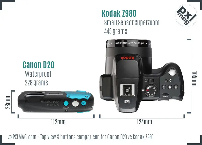 Canon D20 vs Kodak Z980 top view buttons comparison