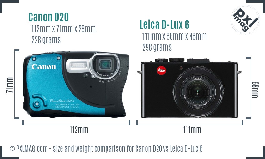 Canon D20 vs Leica D-Lux 6 size comparison