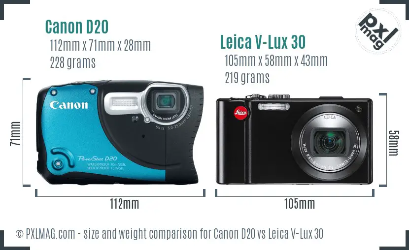 Canon D20 vs Leica V-Lux 30 size comparison