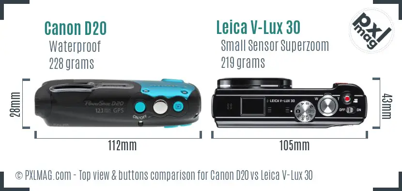 Canon D20 vs Leica V-Lux 30 top view buttons comparison