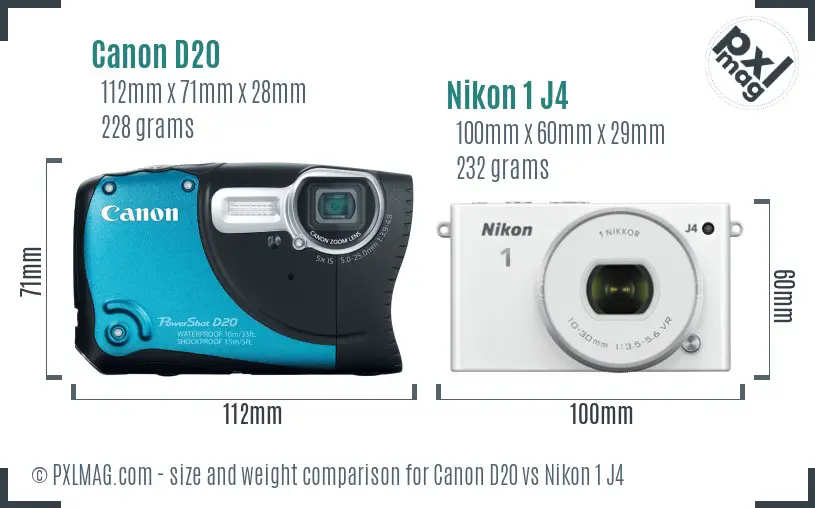Canon D20 vs Nikon 1 J4 size comparison