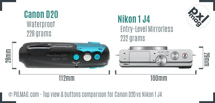 Canon D20 vs Nikon 1 J4 top view buttons comparison