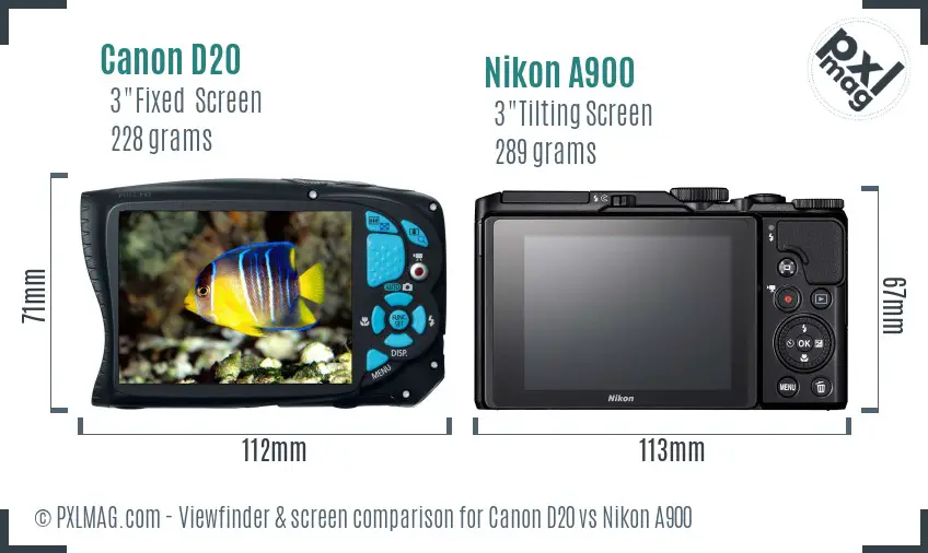 Canon D20 vs Nikon A900 Screen and Viewfinder comparison Canon D20 vs Nikon A900 Screen and Viewfinder comparison