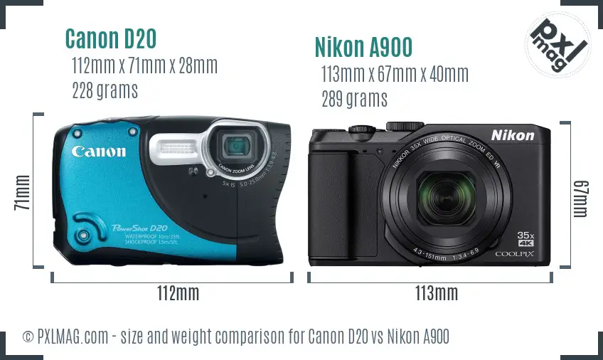 Canon D20 vs Nikon A900 size comparison Canon D20 vs Nikon A900 size comparison