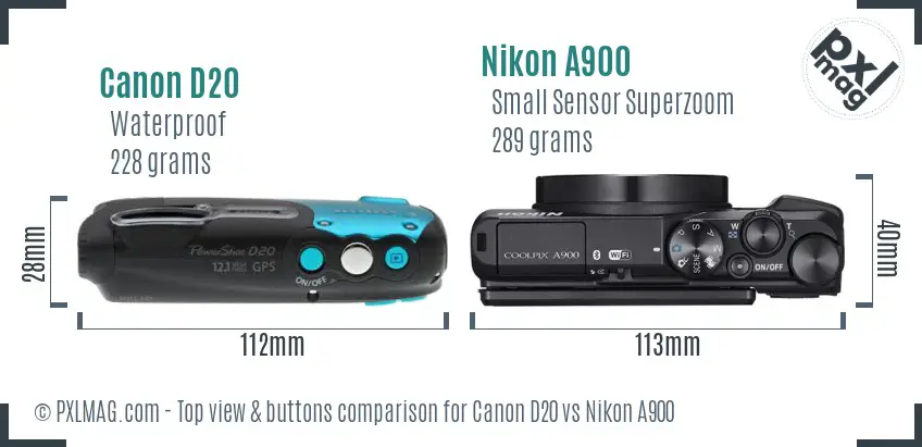 Canon D20 vs Nikon A900 top view buttons comparison Canon D20 vs Nikon A900 top view buttons comparison
