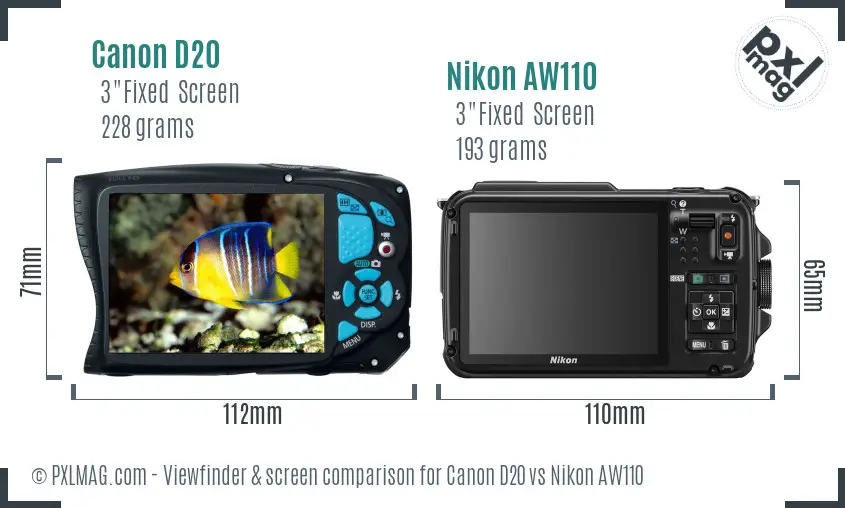 Canon D20 vs Nikon AW110 Screen and Viewfinder comparison