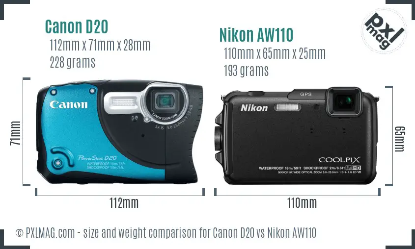 Canon D20 vs Nikon AW110 size comparison