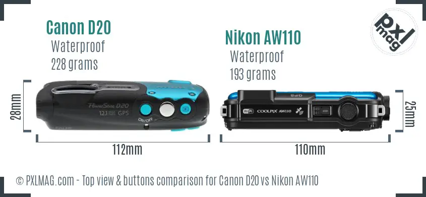 Canon D20 vs Nikon AW110 top view buttons comparison