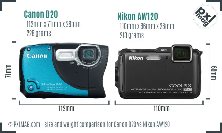 Canon D20 vs Nikon AW120 size comparison