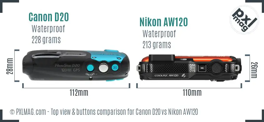 Canon D20 vs Nikon AW120 top view buttons comparison